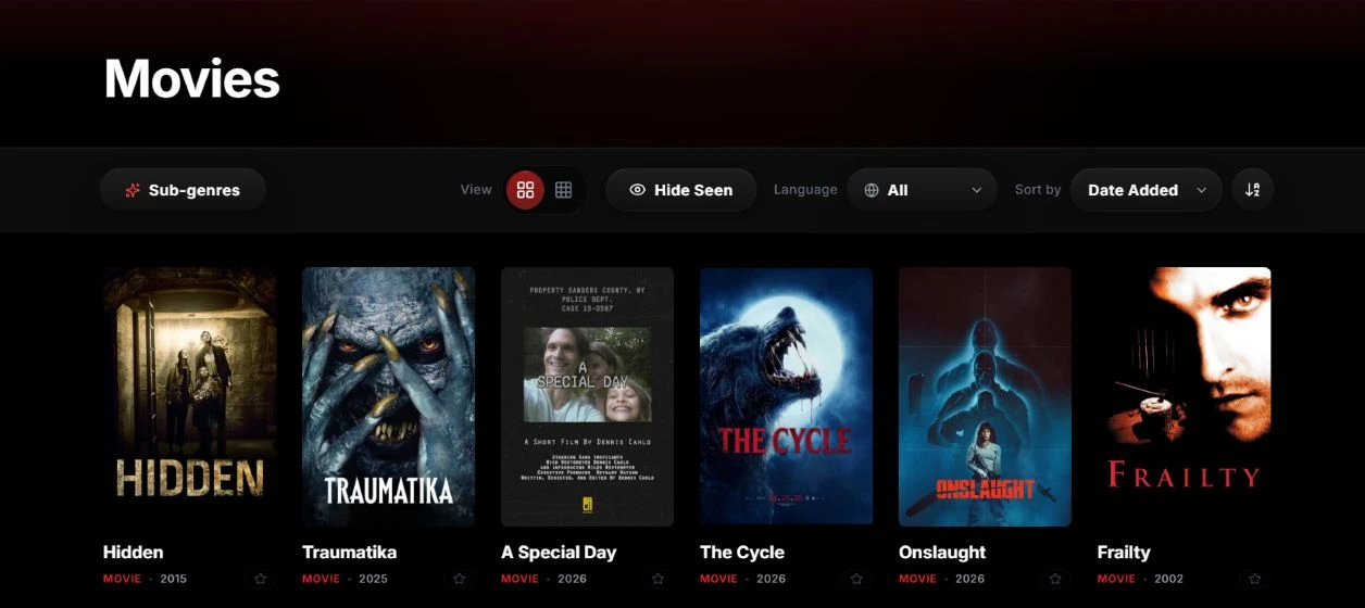 Horrorometer movie catalogue with browsing controls above a poster grid
