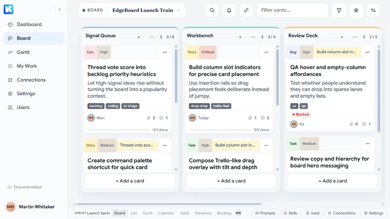 Kanaboards unreleased local sample workspace with workflow columns and priority-labelled cards