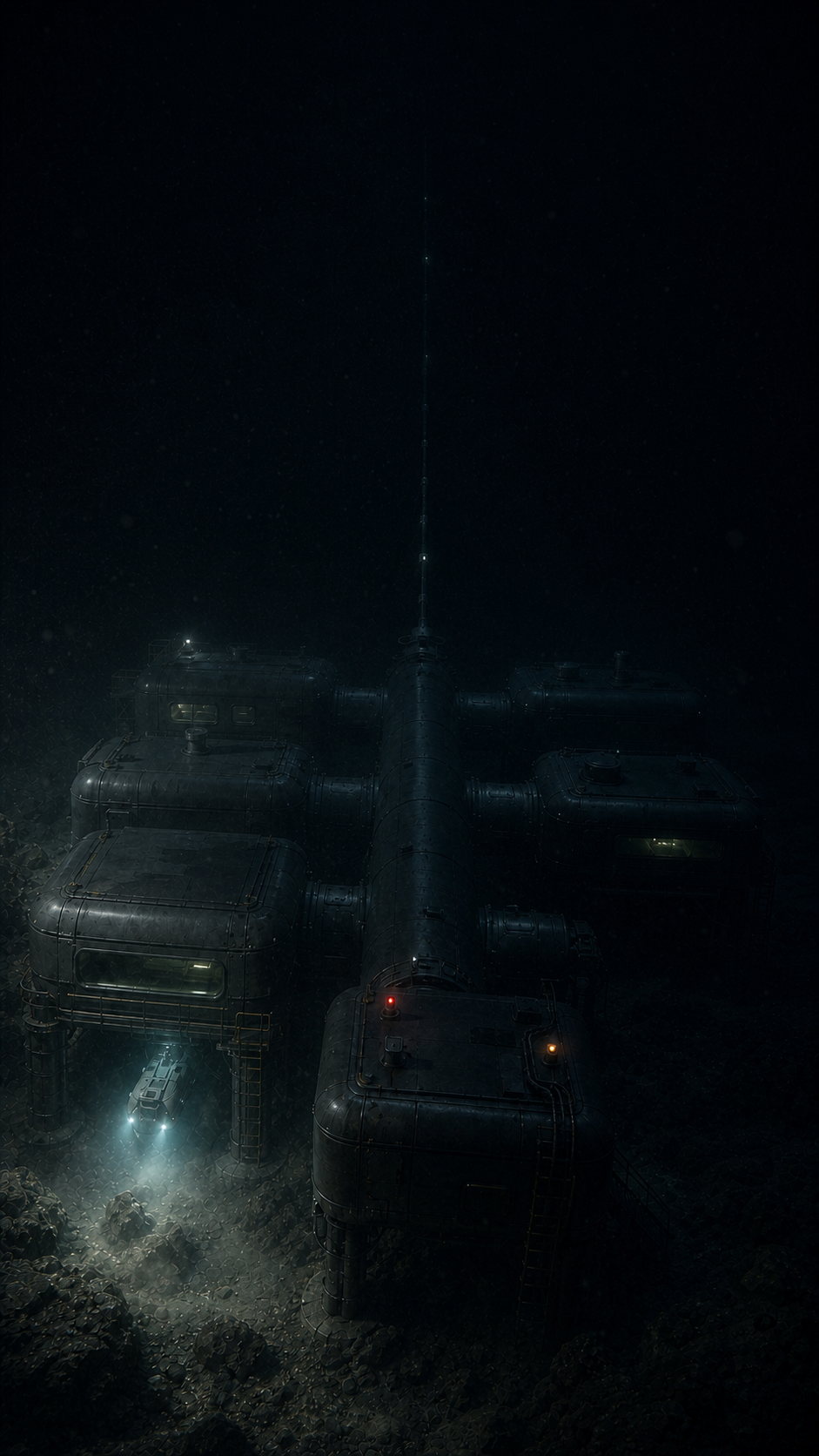 Halcyon research station on the dark ocean floor, lit by a small submersible