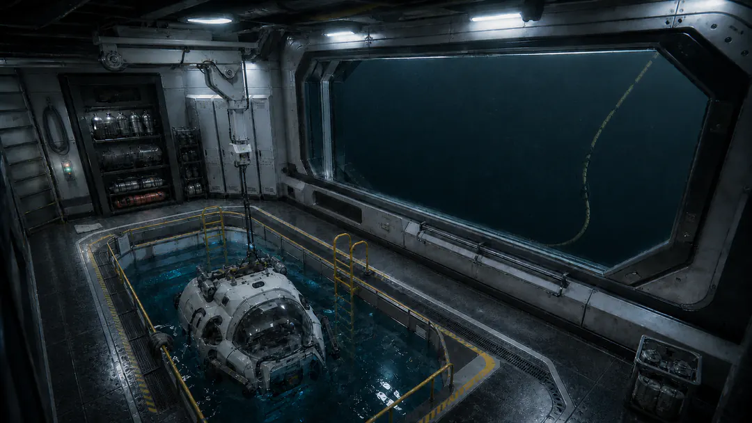 Halcyon’s moon pool with a submersible, safety rails, and the dark ocean beyond its observation window