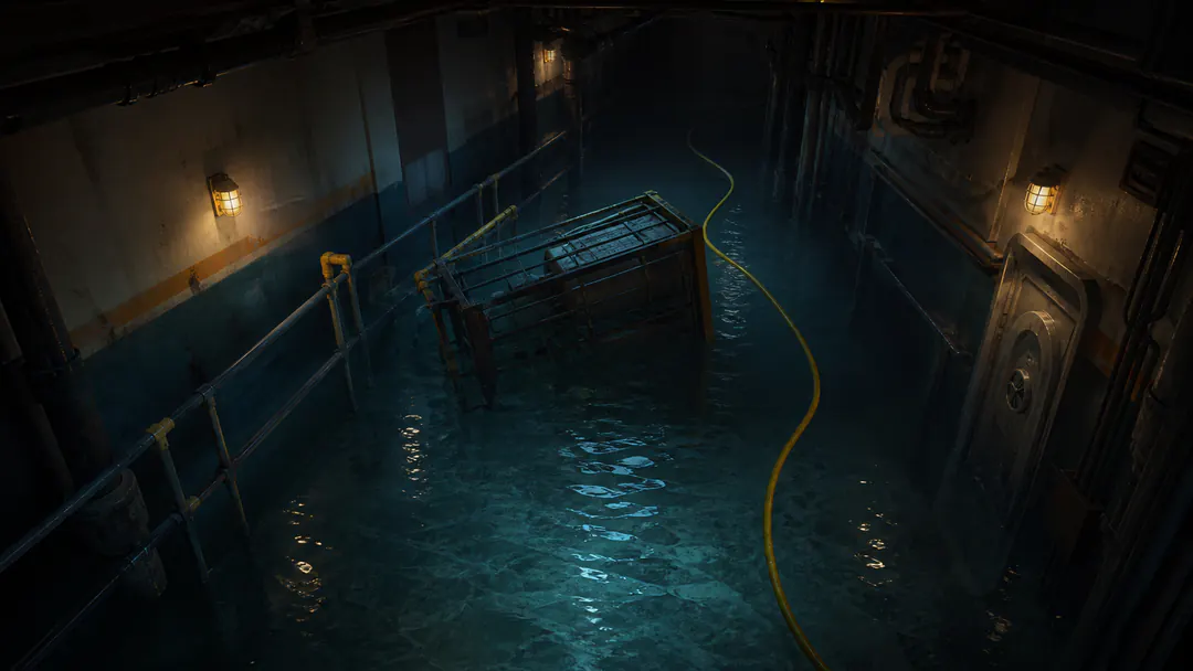 A flooded service corridor with amber emergency lights and a trailing cable disappearing into the water